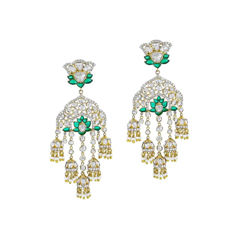 Polki Designer Jhumka Earrings with GreenTalaf Lotus and Pearl Accents