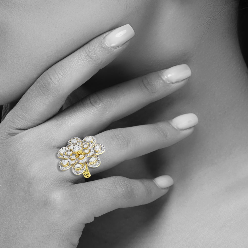 Full White Floral Polki Ring with Diamond Halo