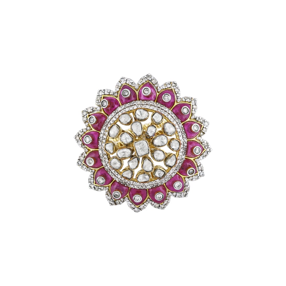 Polki Ring with Red Talaf and Diamond-Accented Petals