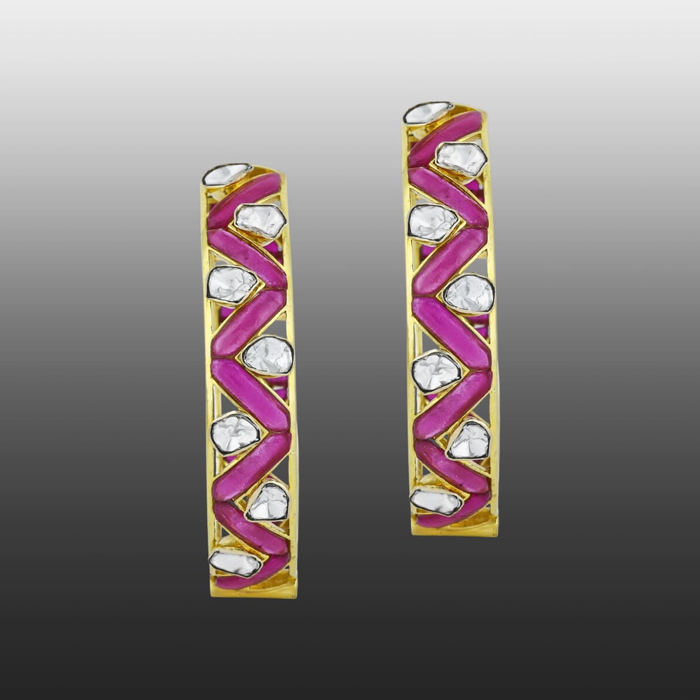 Zigzag Polki Hoop Earrings with Pink Talaf