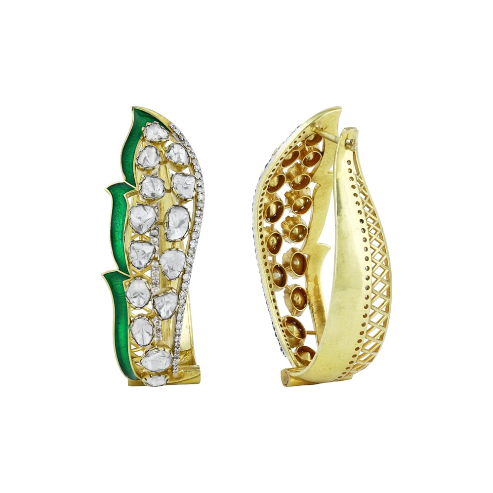 Leaf-Inspired Polki Earrings with Green Enamel