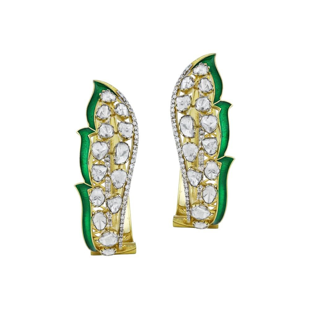 Leaf-Inspired Polki Earrings with Green Enamel