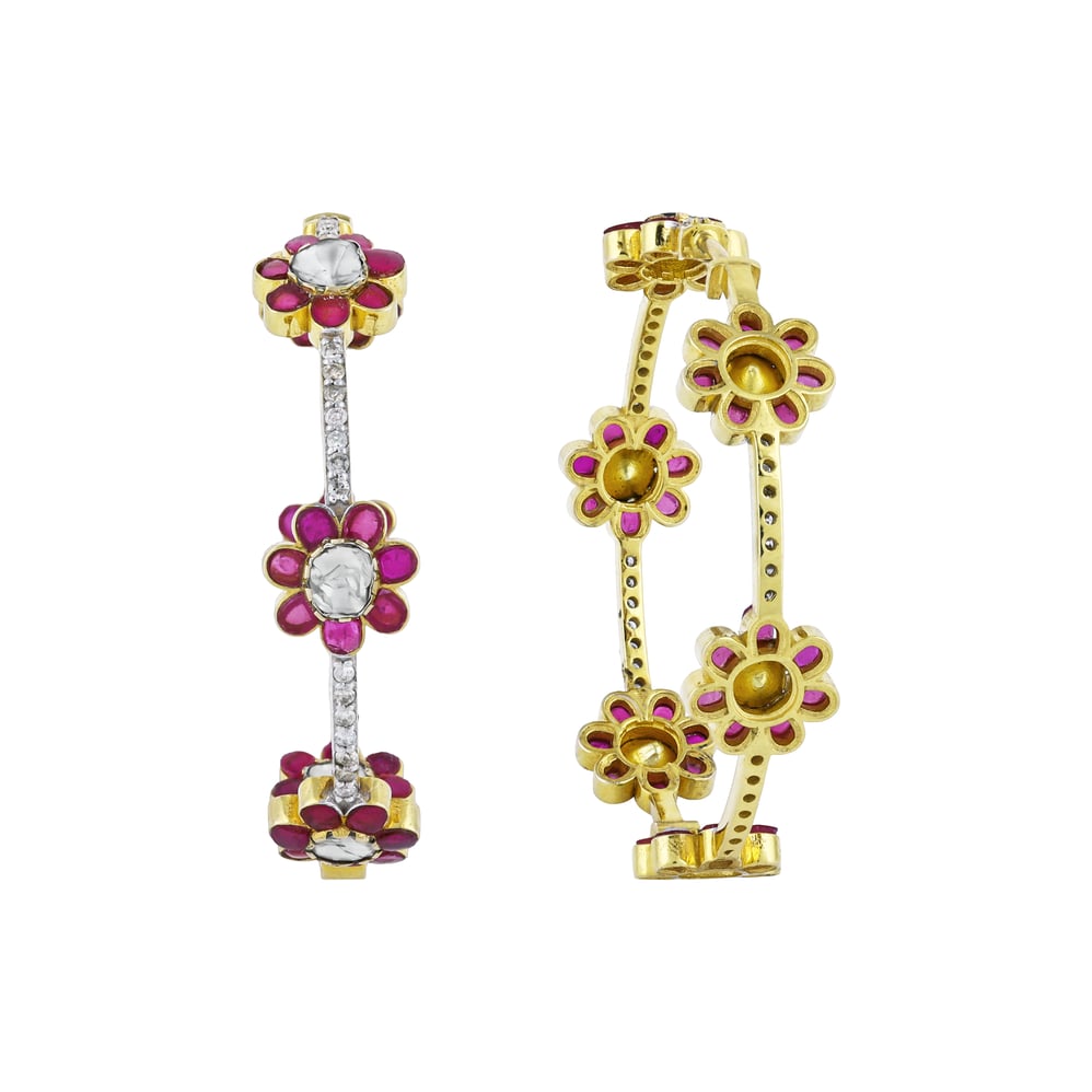 Red Talaf Floral Hoop Earrings with Polki and Diamonds