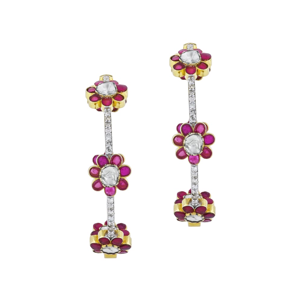 Red Talaf Floral Hoop Earrings with Polki and Diamonds