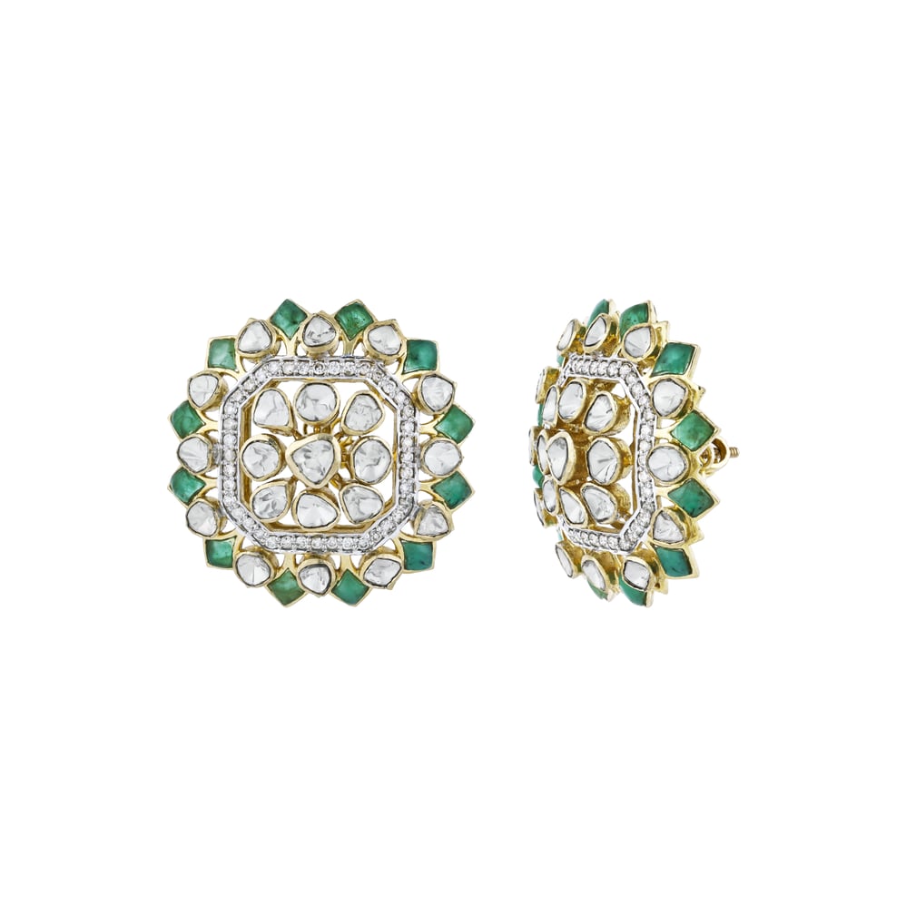 Round Polki Earrings with Green Talaf and Diamond Border