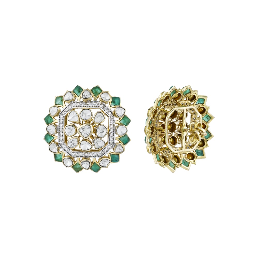 Round Polki Earrings with Green Talaf and Diamond Border