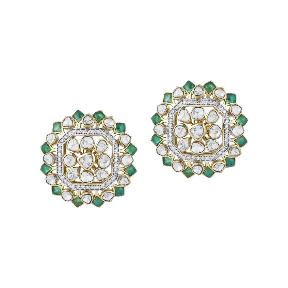 Round Polki Earrings with Green Talaf and Diamond Border