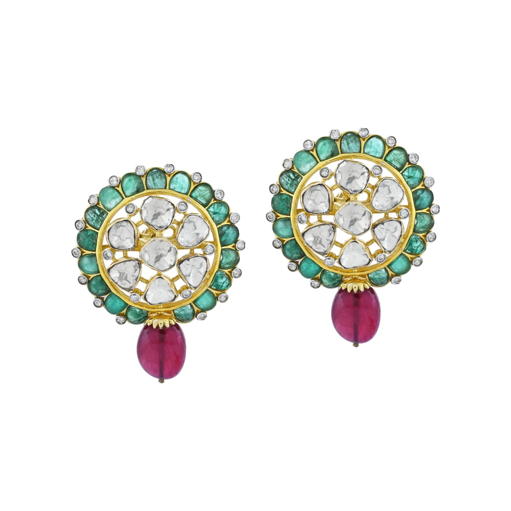 Round Polki Earrings with GreenTalaf and Red Colour bead