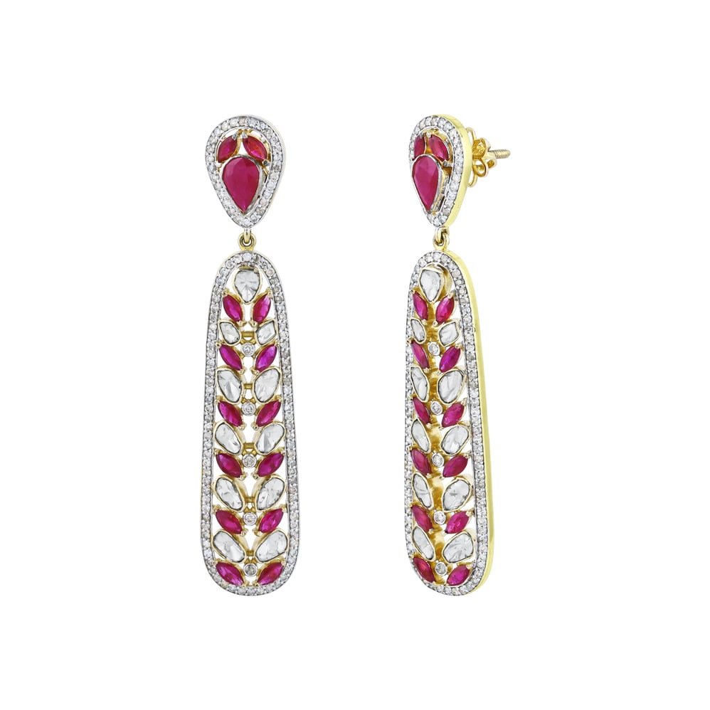 Leaf Pattern Polki Earrings with Red Cut Stone and Diamond Border
