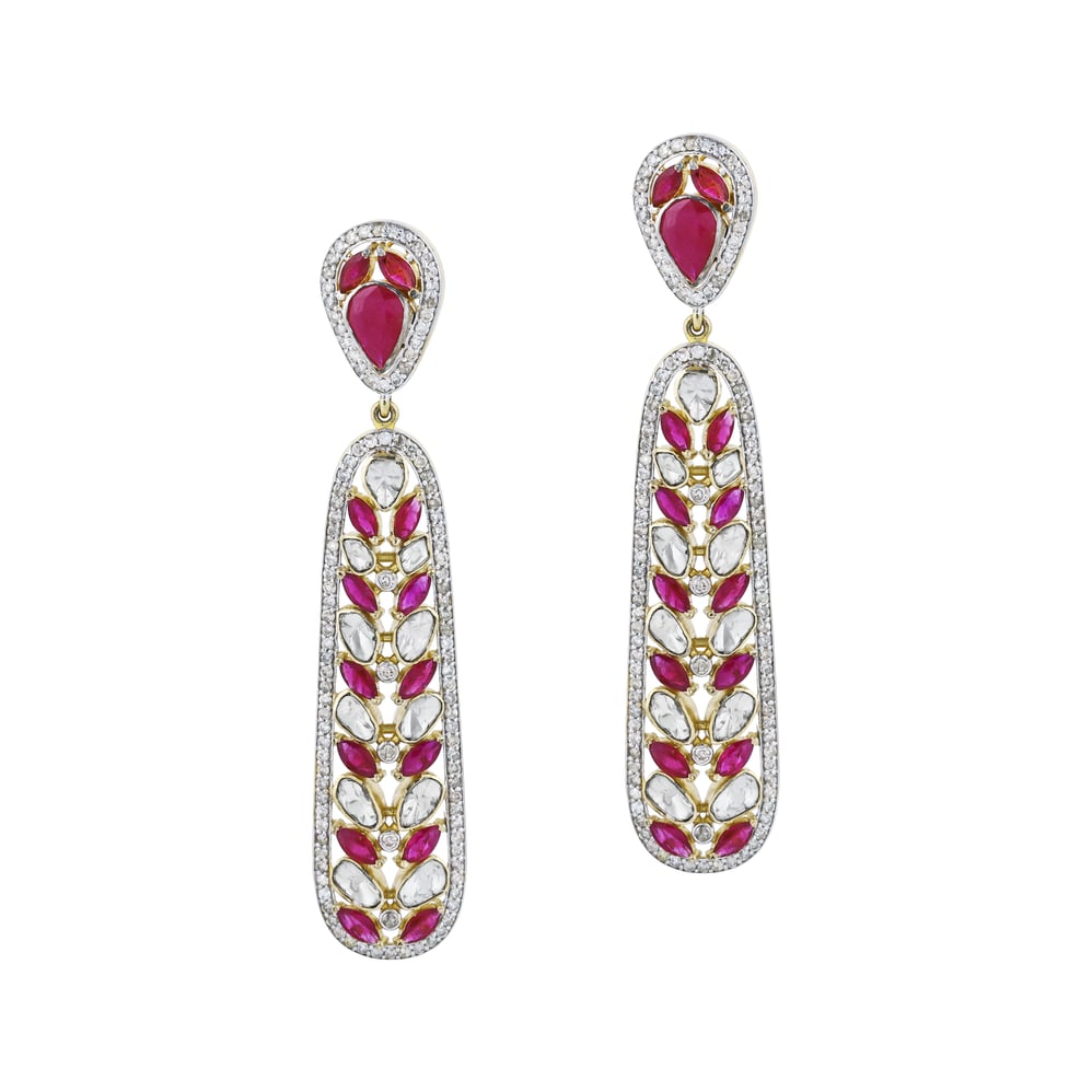 Leaf Pattern Polki Earrings with Red Cut Stone and Diamond Border
