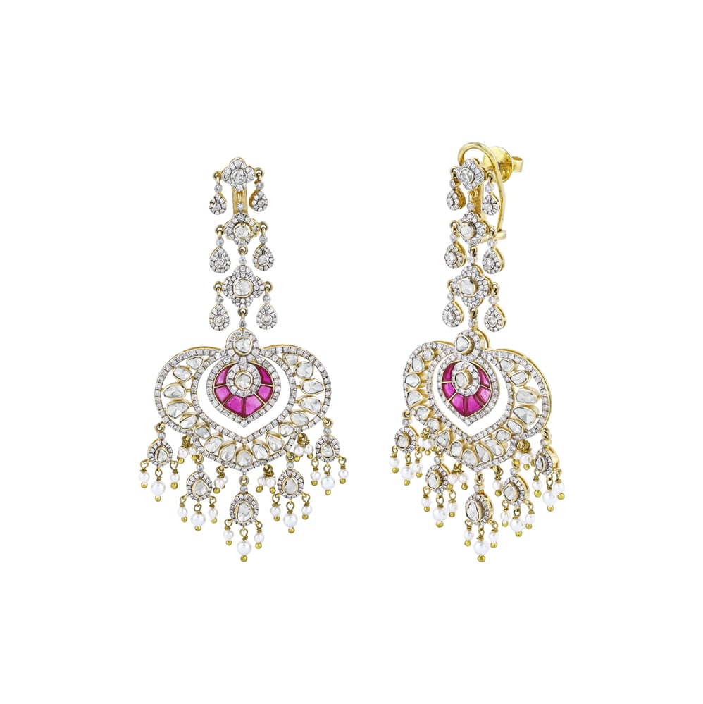 Polki Chandelier Earrings with Red Talaf, Diamonds, and Pearls