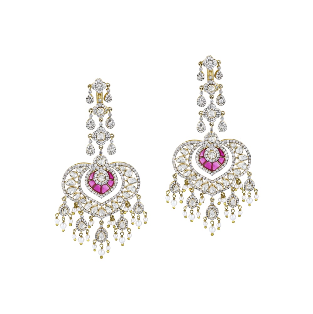 Polki Chandelier Earrings with Red Talaf, Diamonds, and Pearls