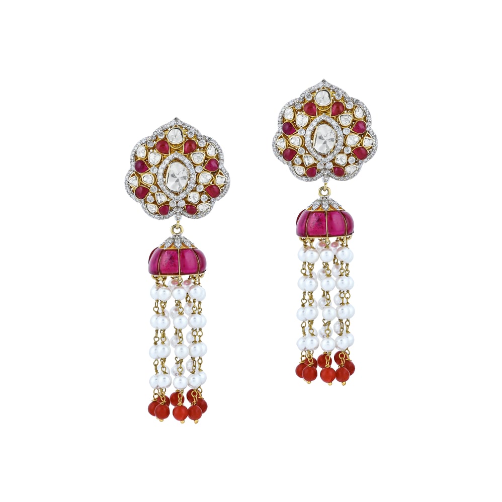 Floral Polki Earrings with Red Talaf, Pearls, and Red Beads
