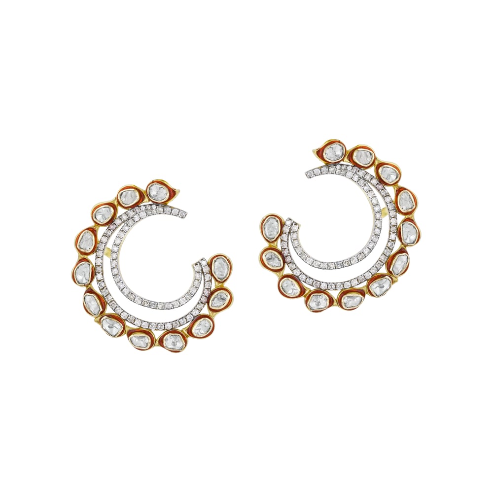 Polki Circular Earrings with Double Arcs and Sparkling Diamonds