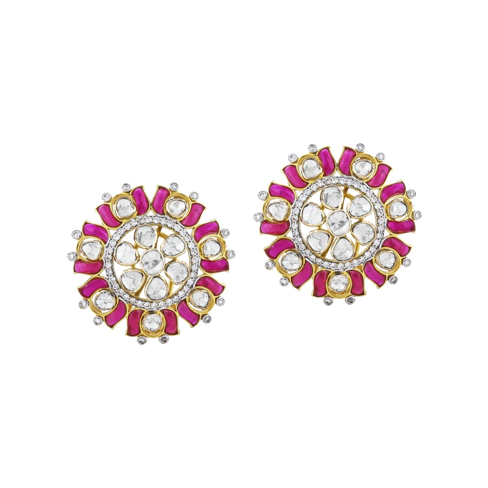 Polki Circular Earrings with Pinkish Red Talaf and Floral Design