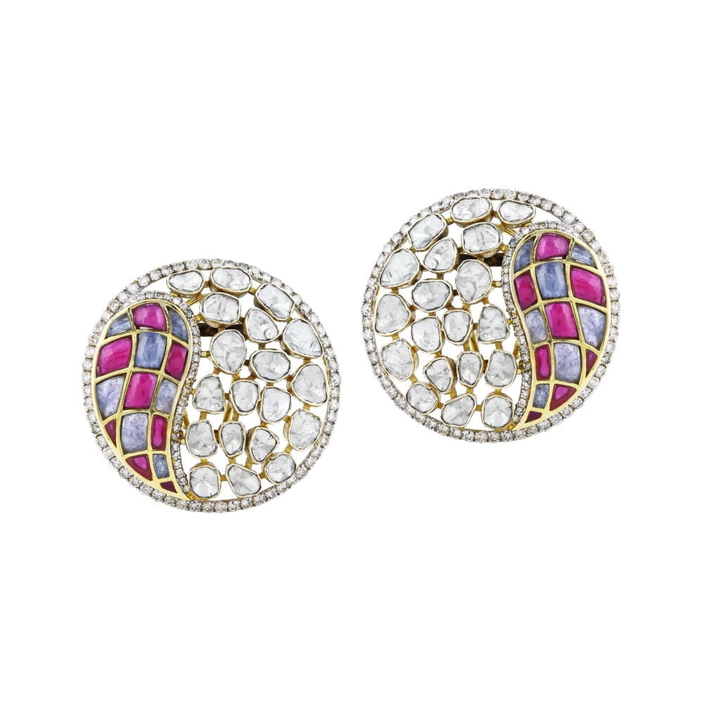 Polki Earrings with Pink and Purple Talaf in Circular Design