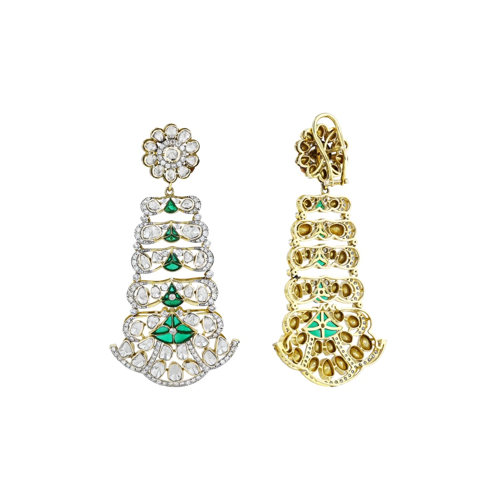 Chandelier Earrings with Polki, Green Talaf, and Floral Top
