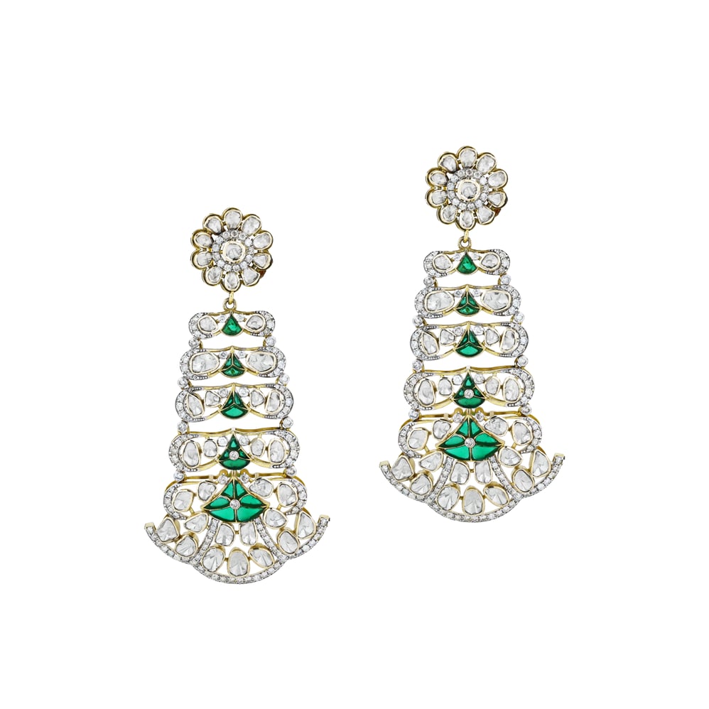 Chandelier Earrings with Polki, Green Talaf, and Floral Top