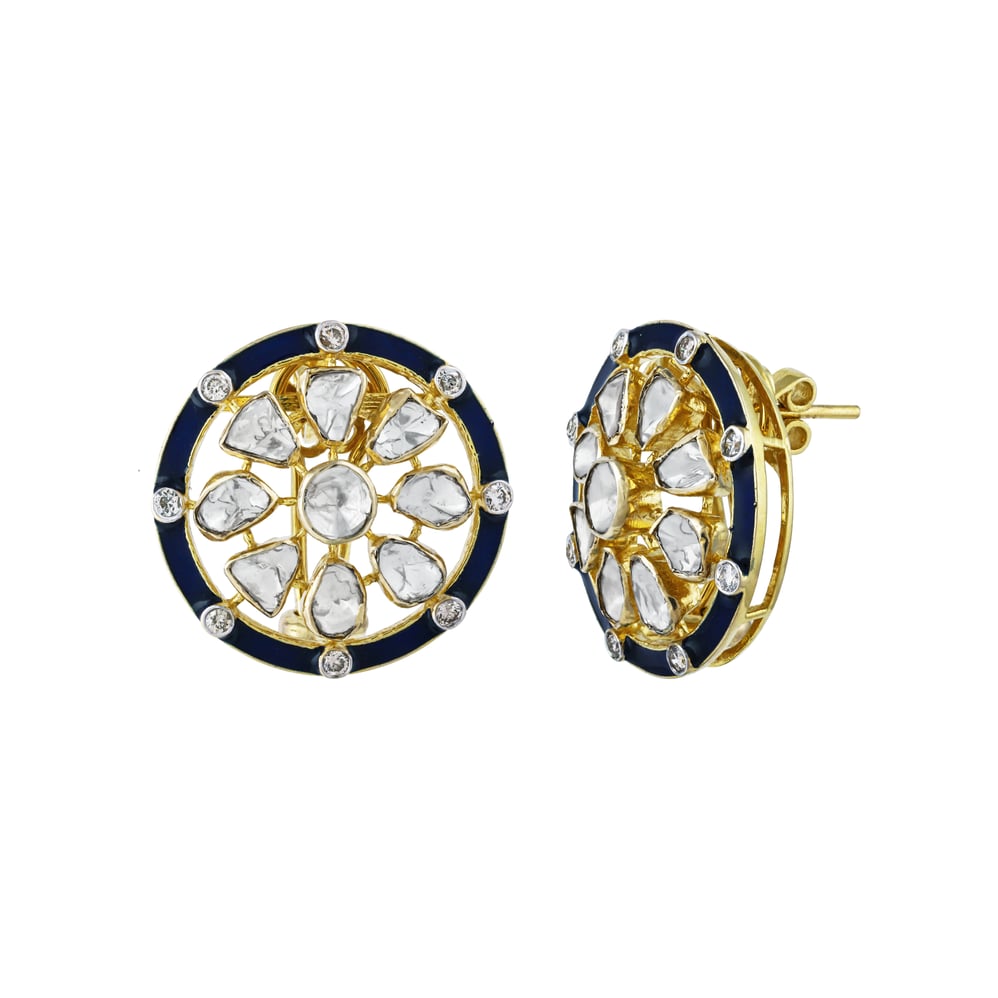 Round Polki Earrings with Blue Enamel and Diamonds