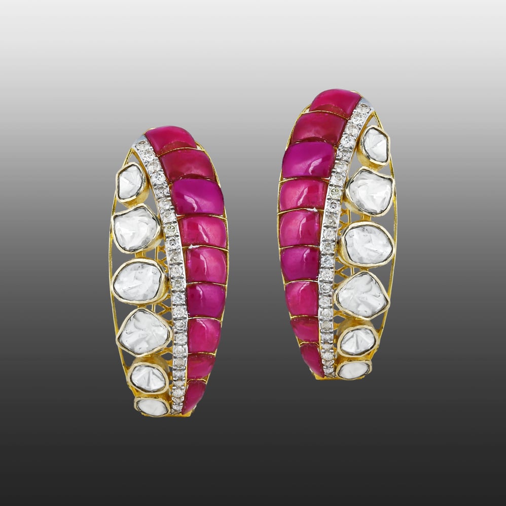 Hoop Earrings with Polki, Red Talaf, and Diamonds