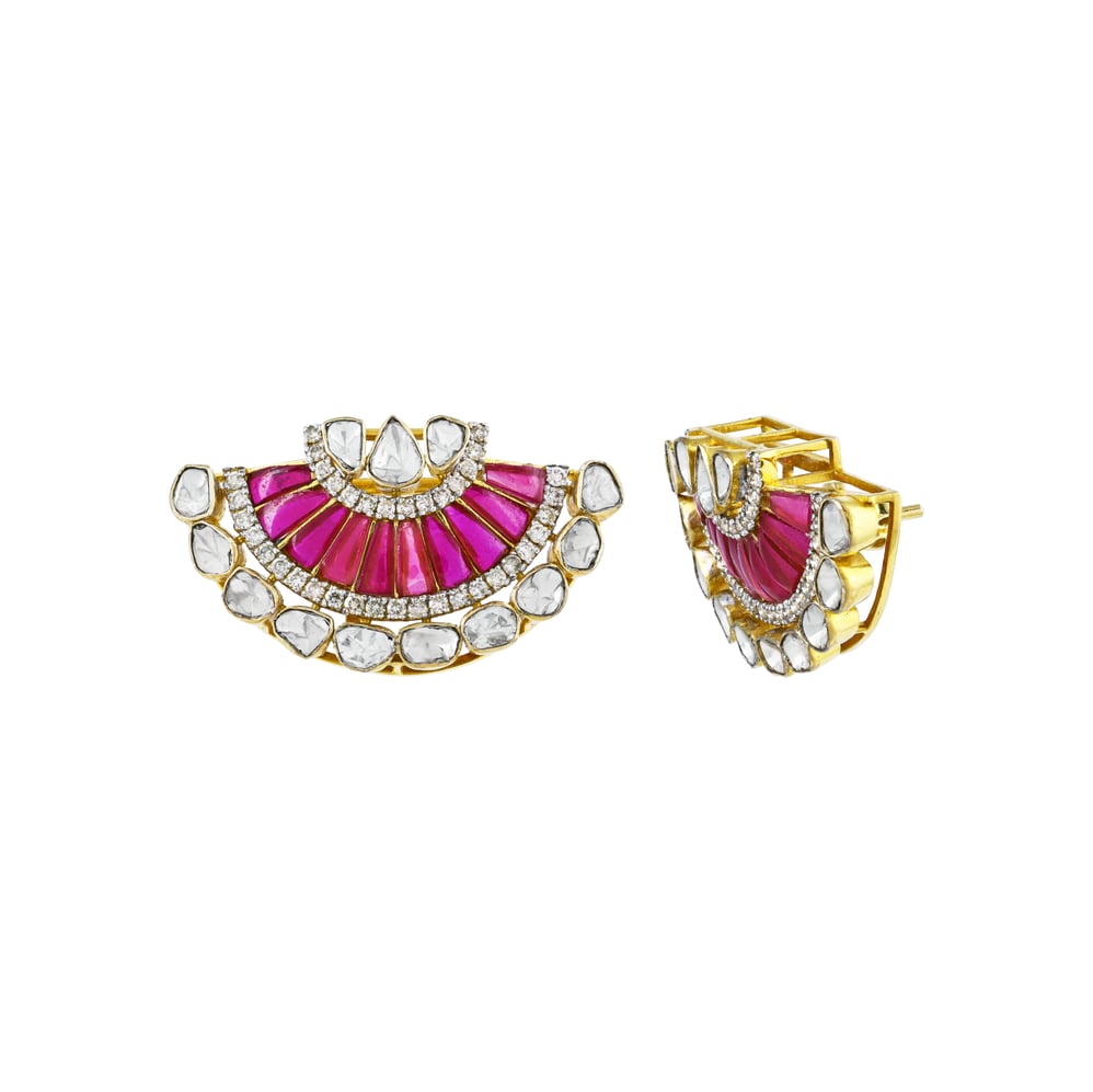Fan-Shaped Polki Earrings with Red Talaf and Diamonds