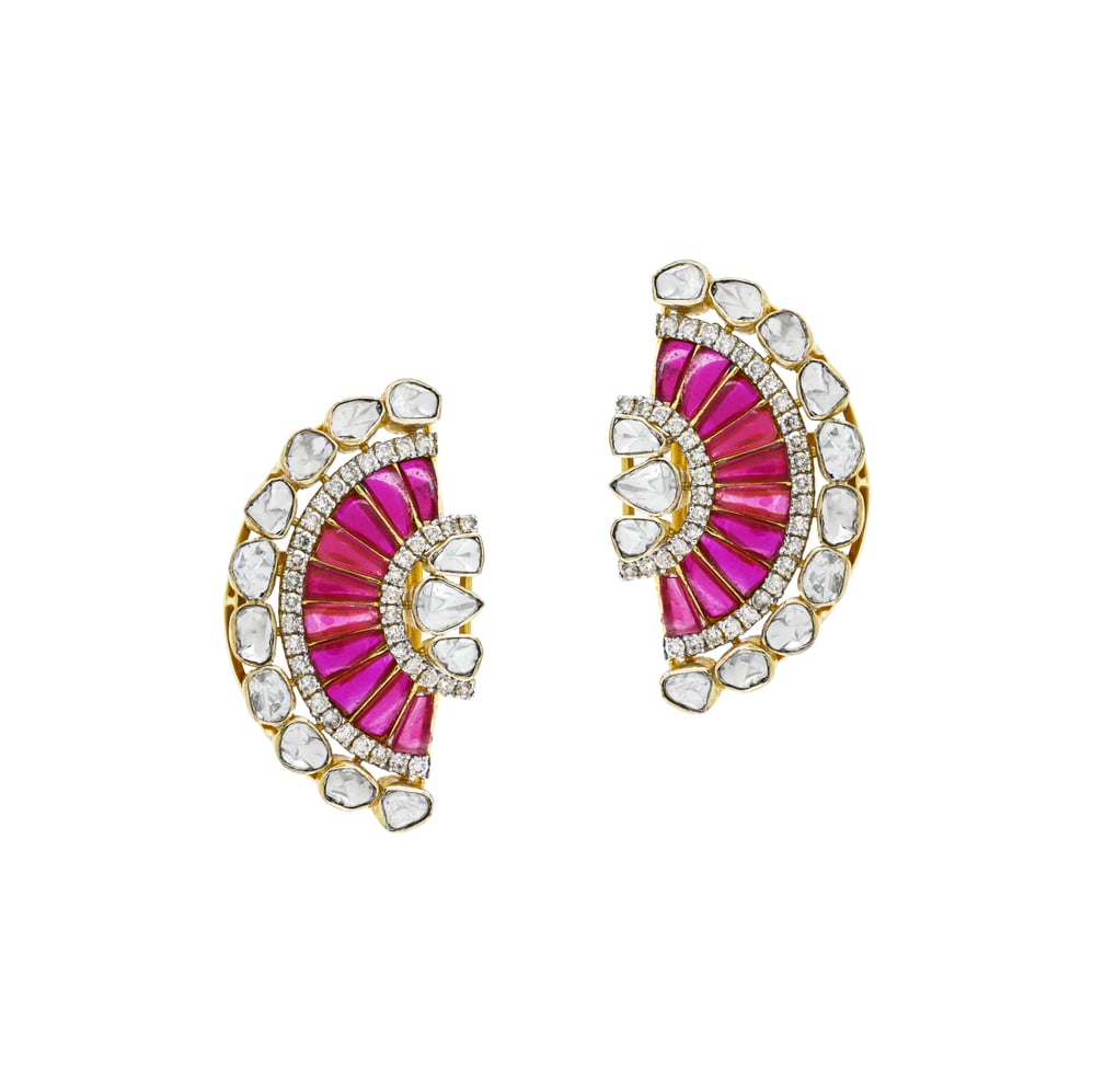 Fan-Shaped Polki Earrings with Red Talaf and Diamonds