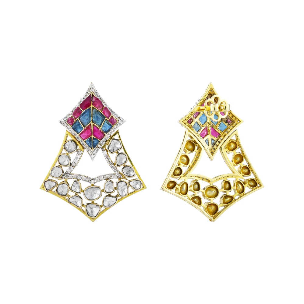 Geometric Polki Earrings with Pink and Blue Talafs