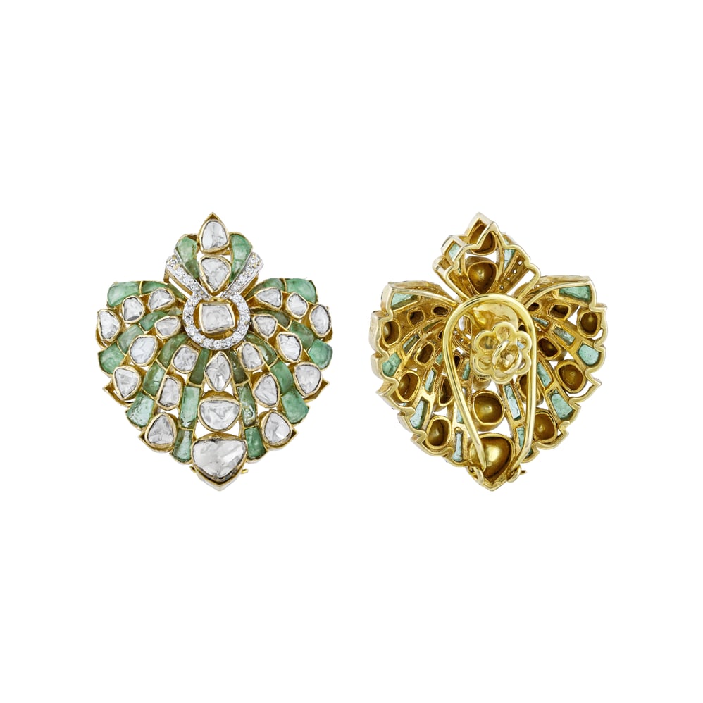 Polki Earrings with Green Gemstone Talaf and Fan Design