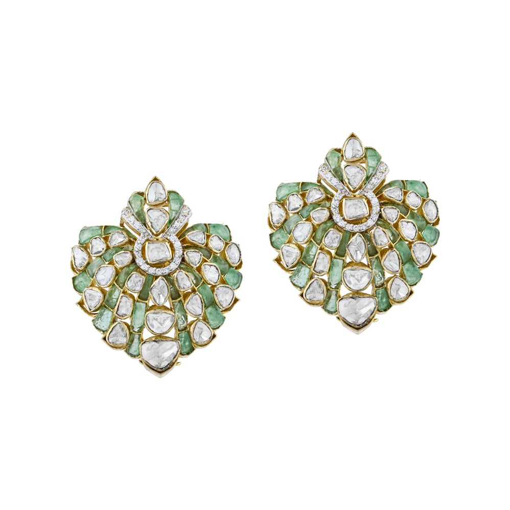 Polki Earrings with Green Gemstone Talaf and Fan Design
