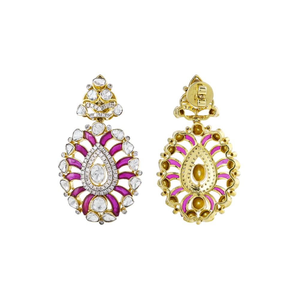 Polki Earrings with Red Talaf and Sparkling Diamonds