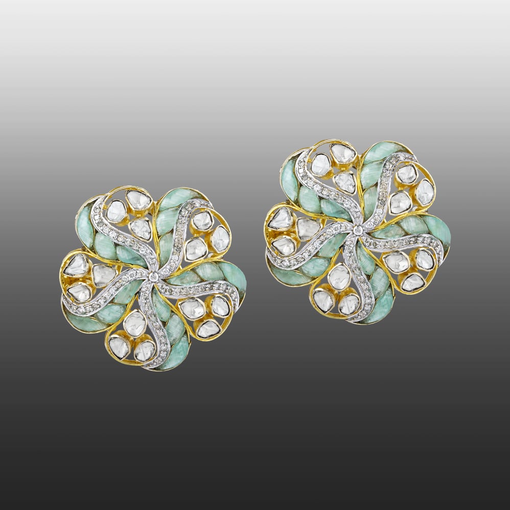 Floral Polki Earrings with Soft Green Talaf and Polki Swirl Design