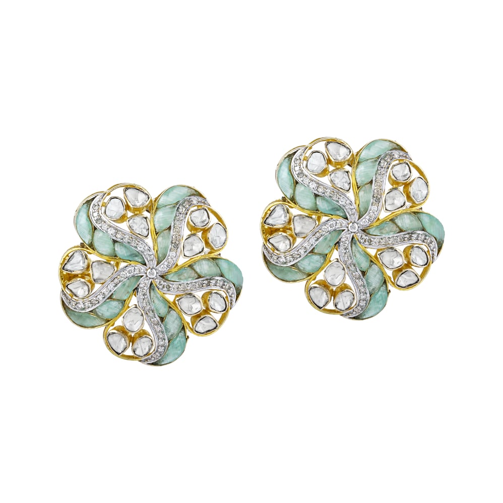 Floral Polki Earrings with Soft Green Talaf and Polki Swirl Design