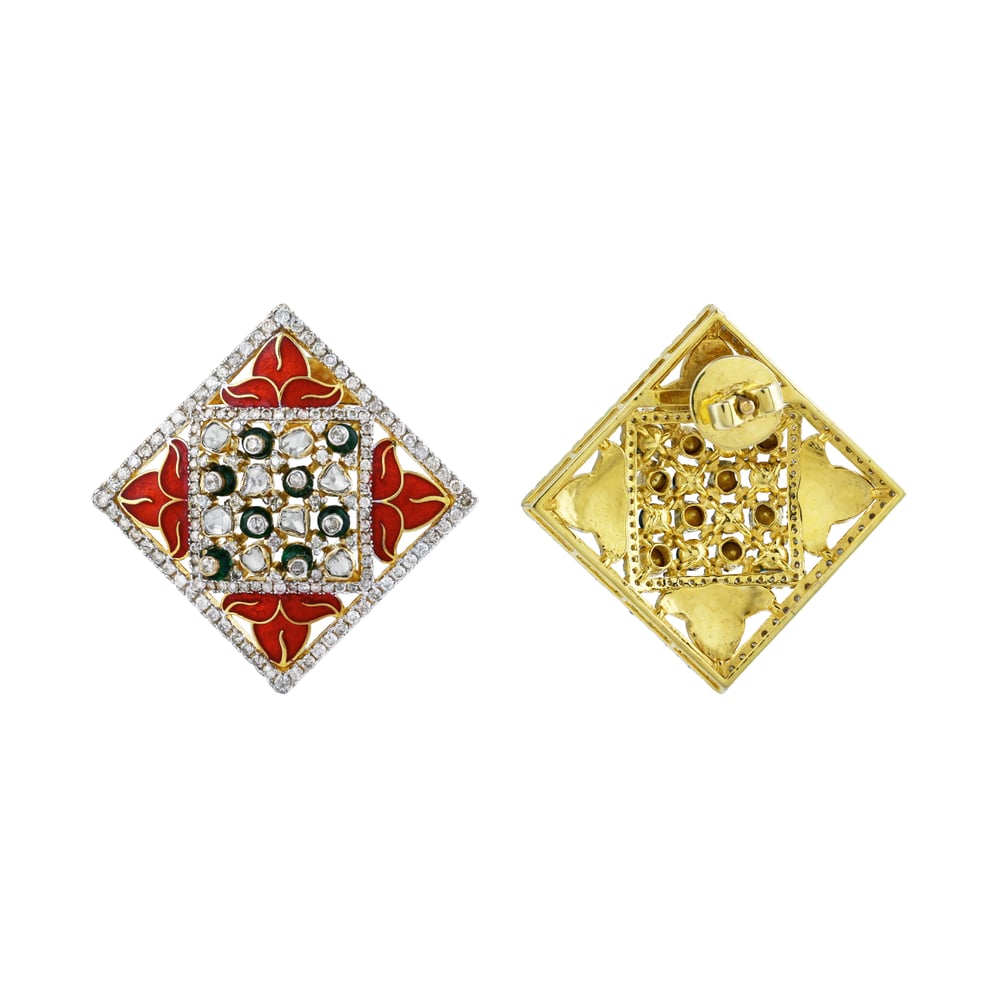 Geometric Polki Stud Earrings with Enamel and Diamonds