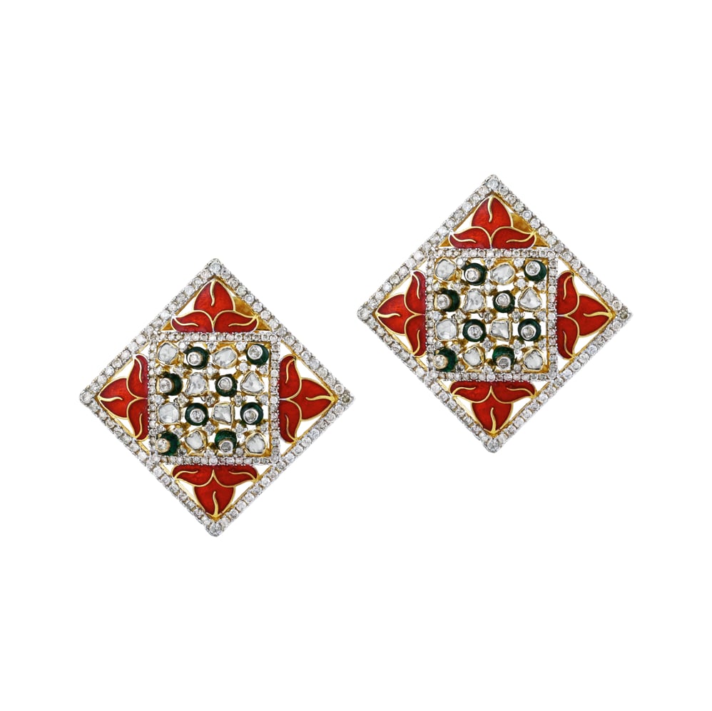 Geometric Polki Stud Earrings with Enamel and Diamonds