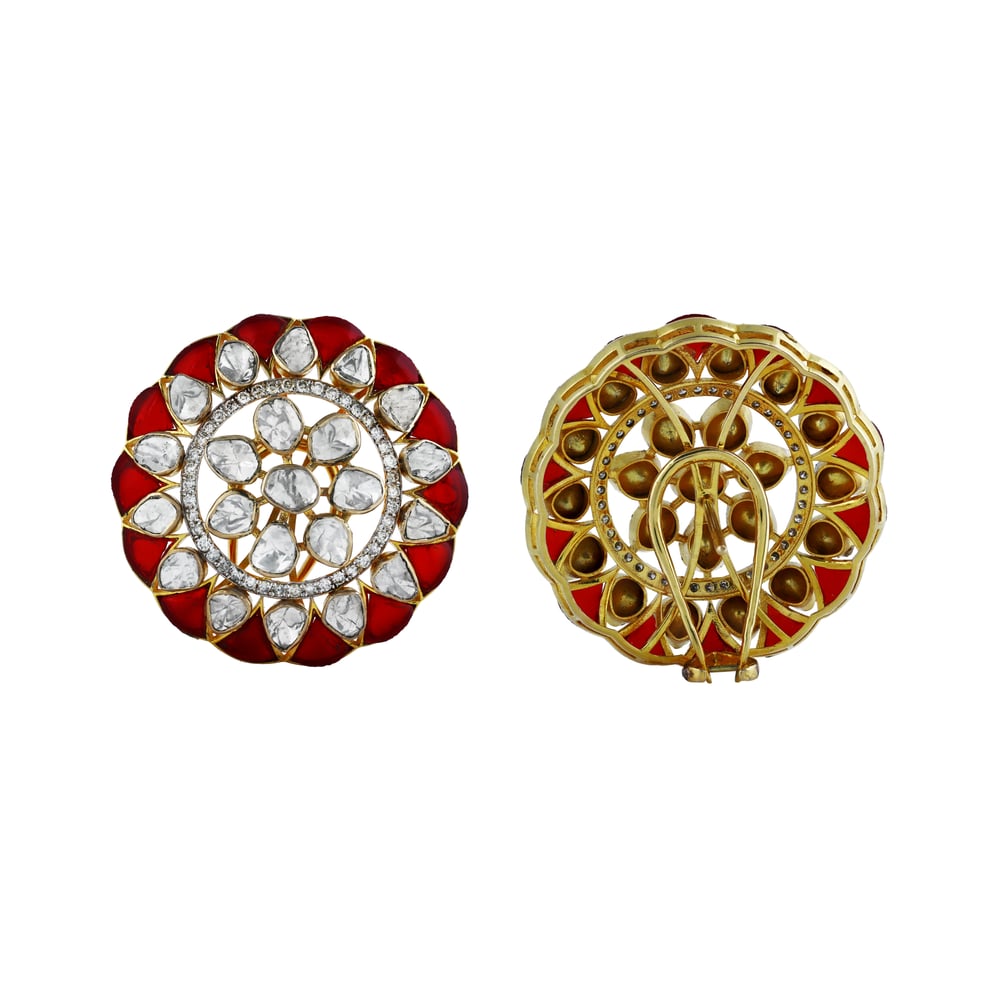 Round Polki Earrings with Red Talaf and Diamonds