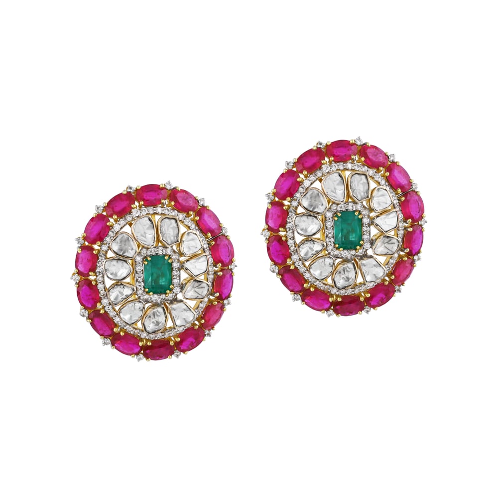 Round Earrings with Green and Red Colour Stone and Polki Diamonds