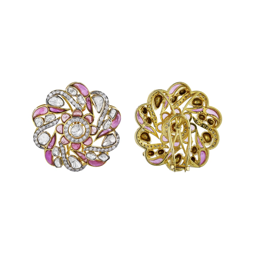 Floral Polki Earrings with Pink Talaf and Swirl Design