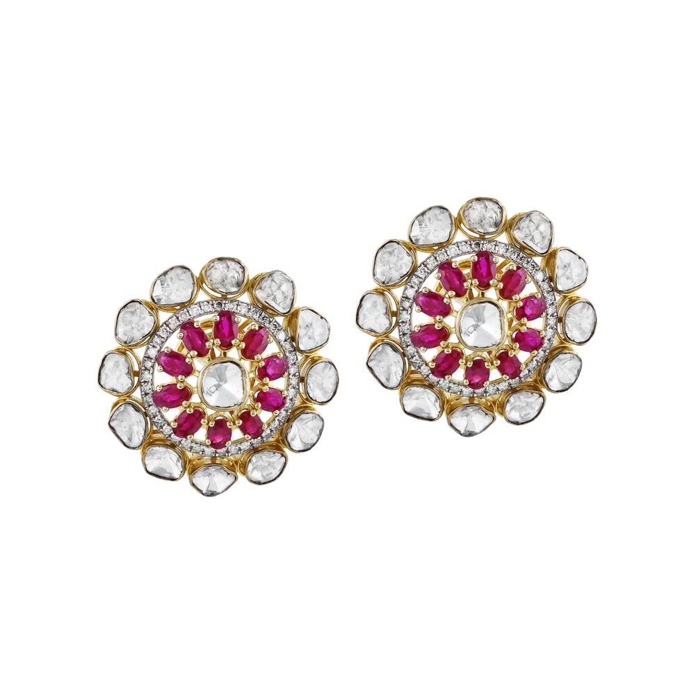 Polki Earrings with Vivid Pink Colour Stone and Diamonds