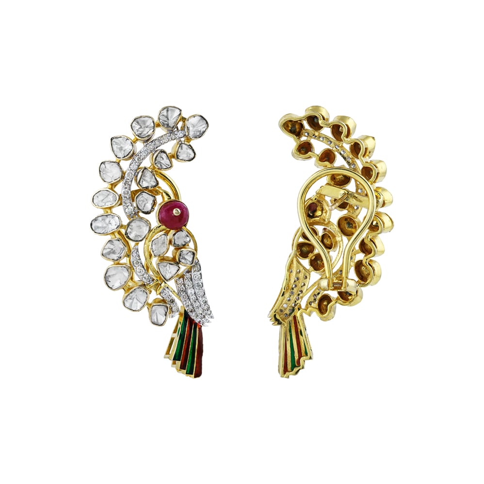 Polki Earrings with Red Colour Bead, Diamonds, and Enamel Wing of a Bird