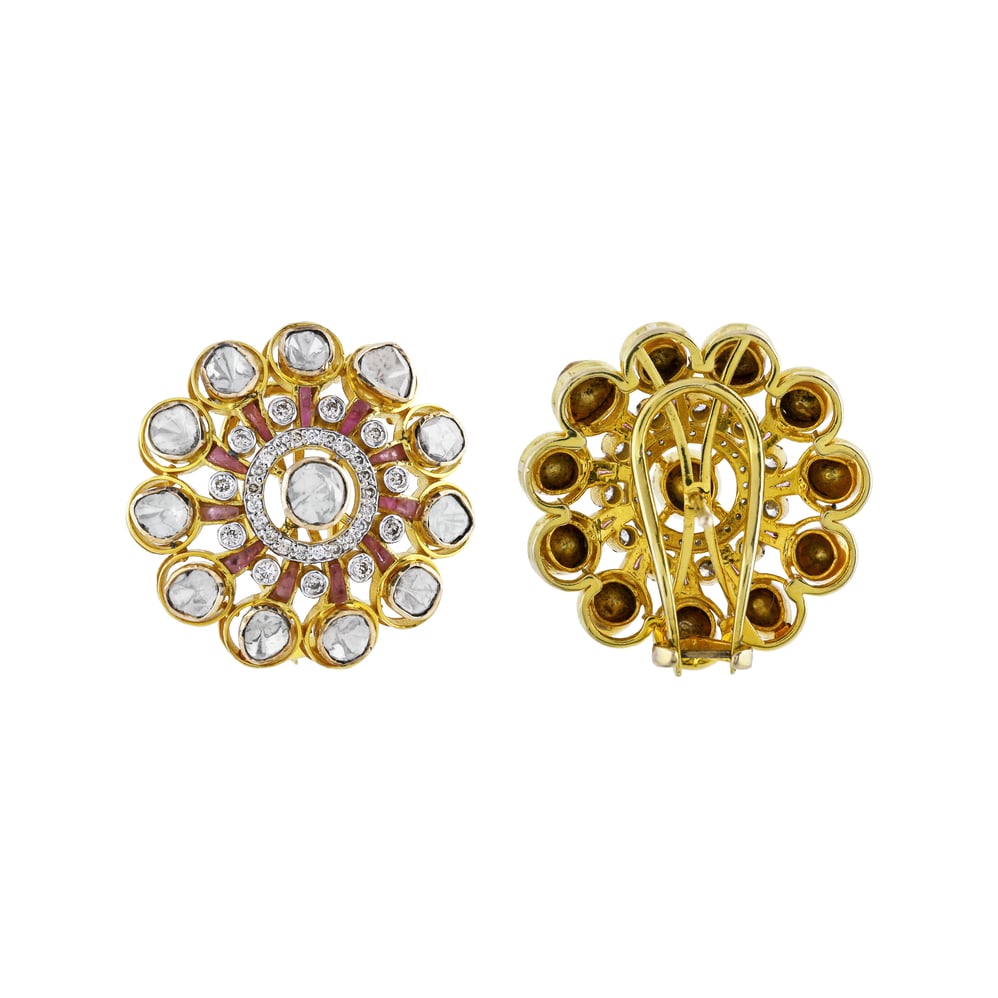Polki Circular Earrings with Central Polki and Pink Talaf