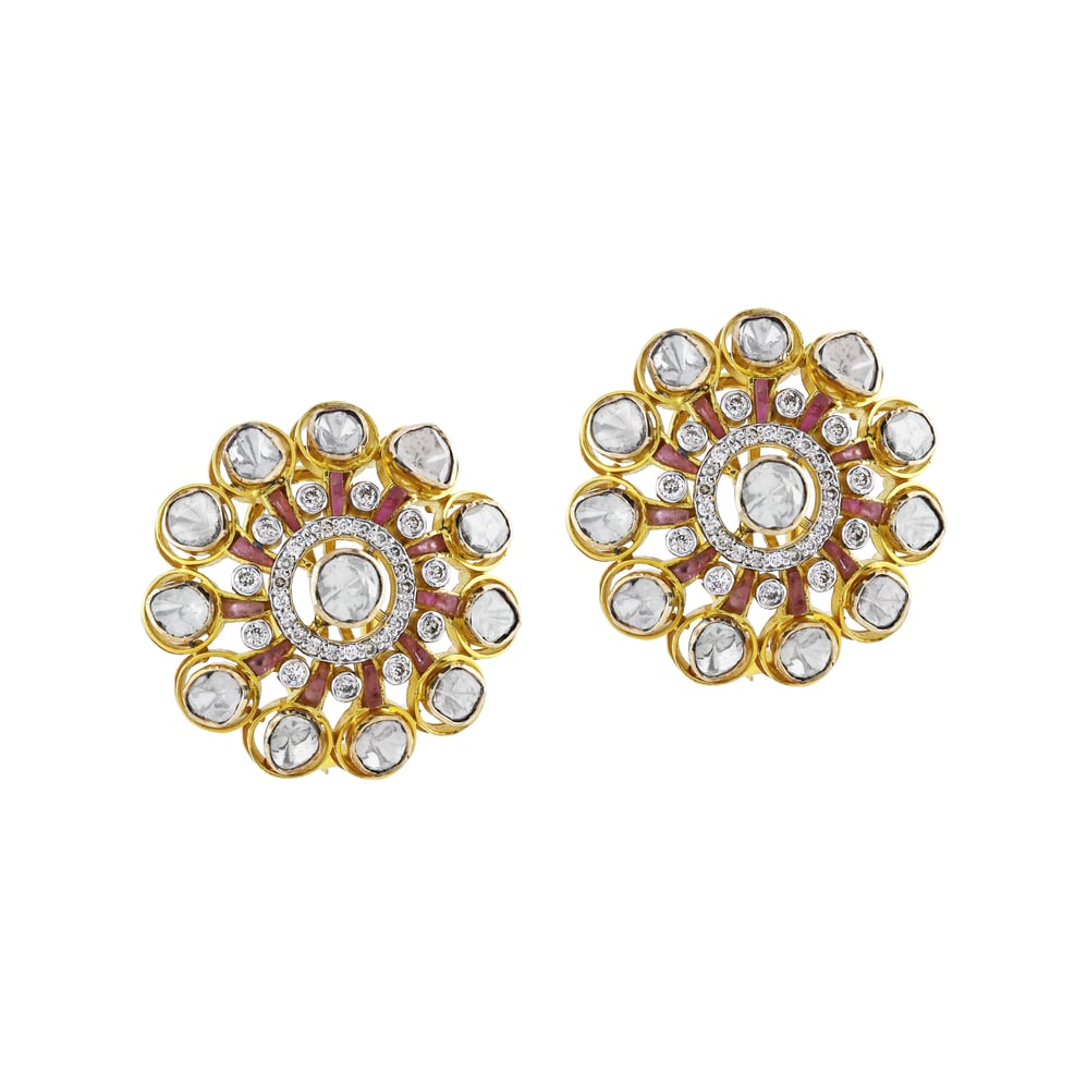 Polki Circular Earrings with Central Polki and Pink Talaf