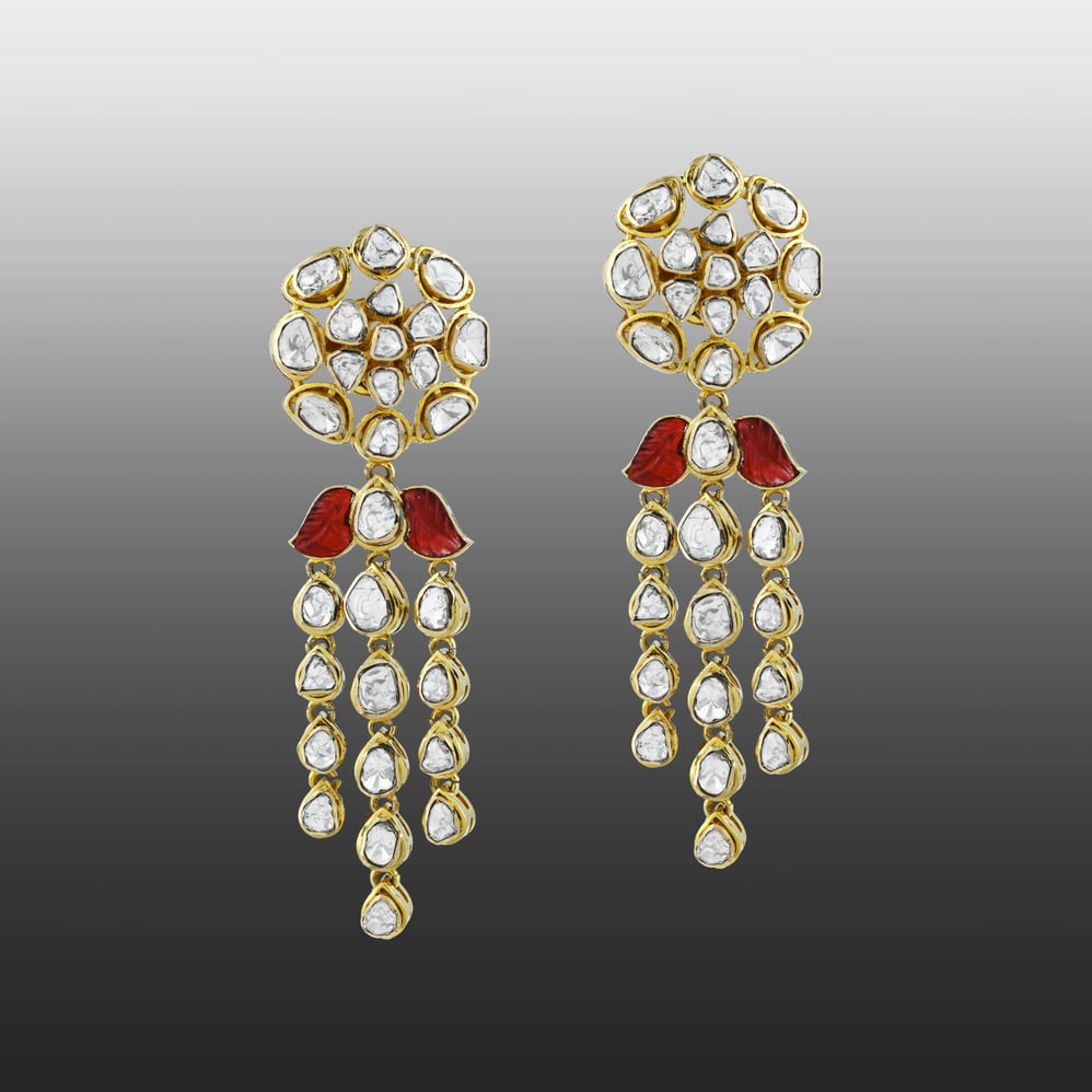 Triple-Drop Earrings with Uncut Diamonds and Red Talaf