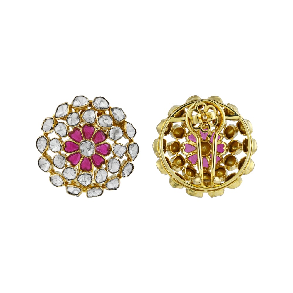 Floral Pink Stone Earrings with Uncut Diamonds in a Circular Frame