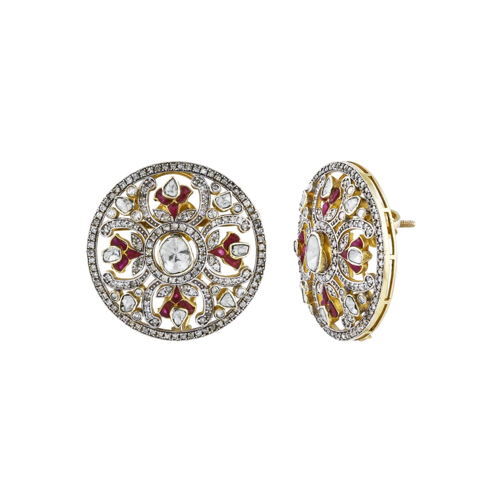 Opulent Circular Earrings with Uncut Diamond and Red Talaf