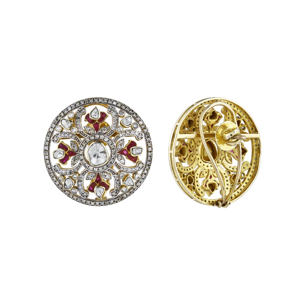 Opulent Circular Earrings with Uncut Diamond and Red Talaf