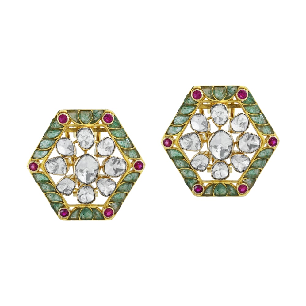 Geometric Hexagonal Earrings with Uncut Diamonds and Colourstone Talaf