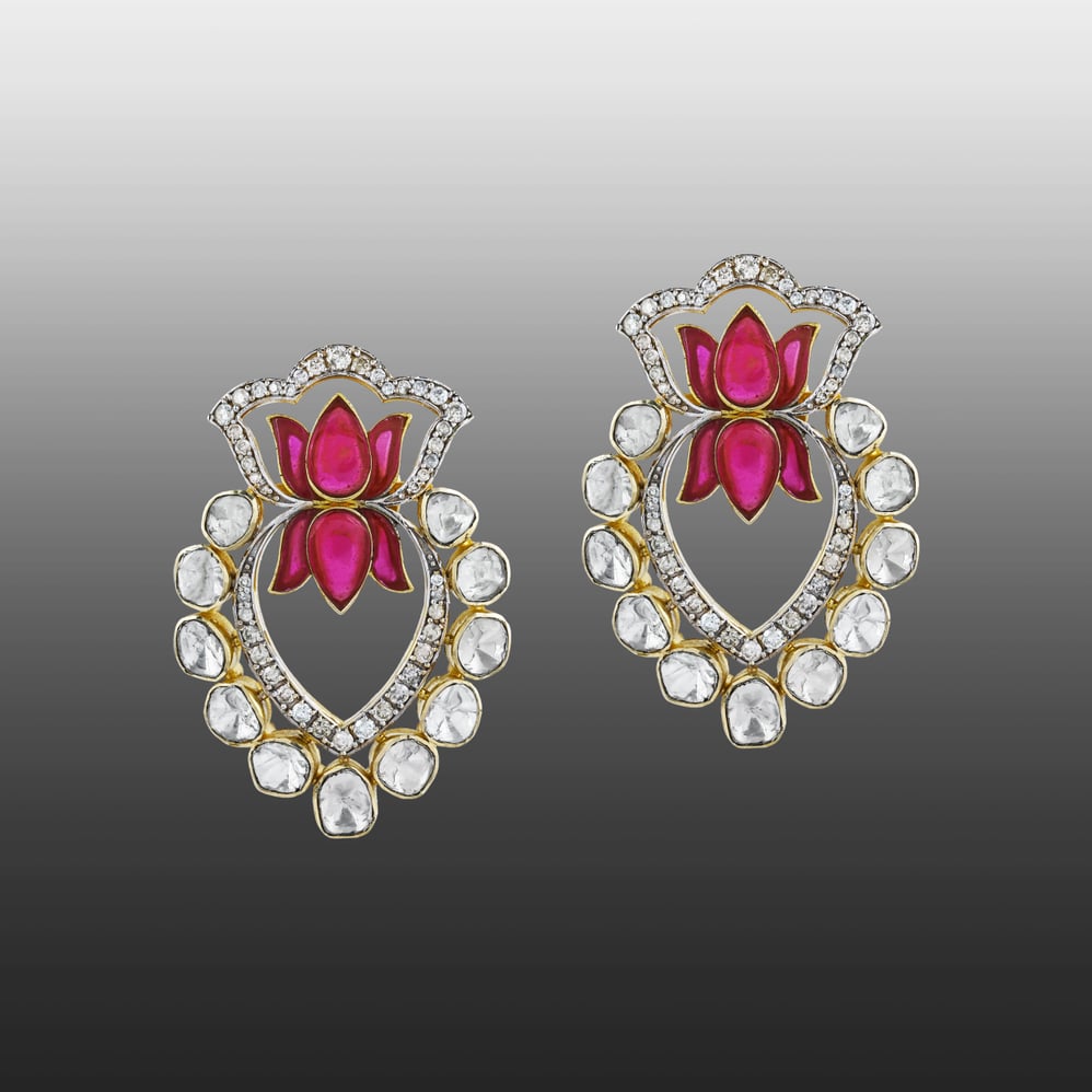 Lotus Motif Earrings with Uncut Diamonds and Red Talaf Accents