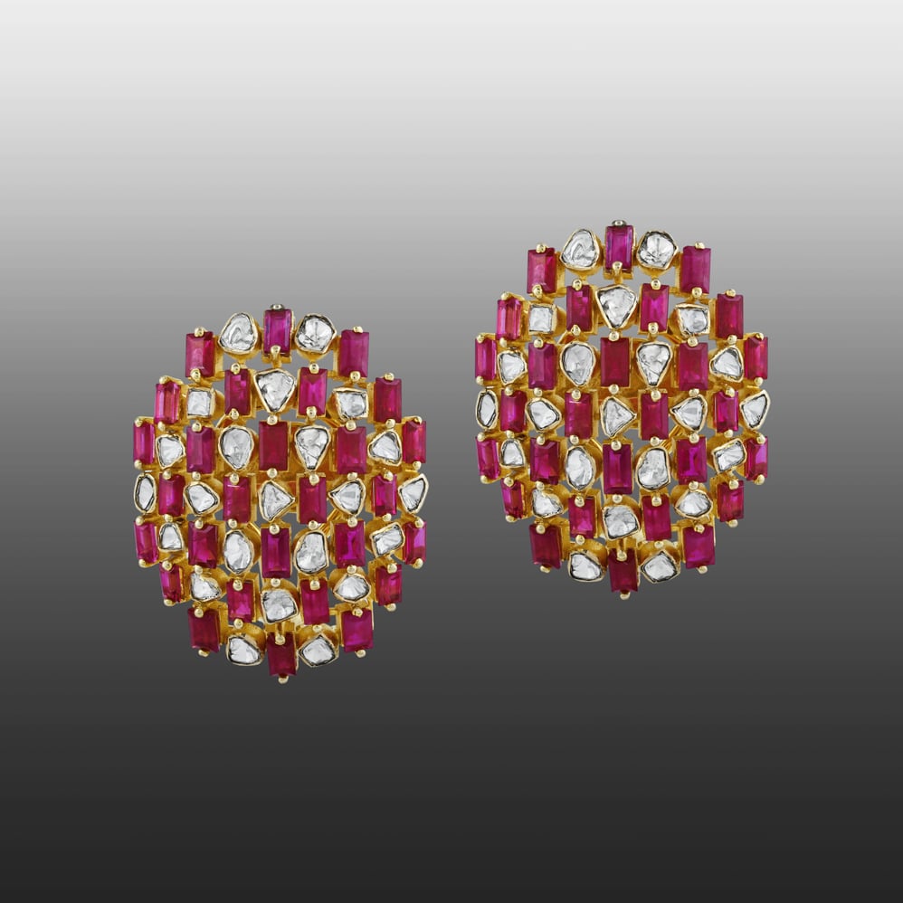 Geometric Red Cut Stone Earrings with Polkis