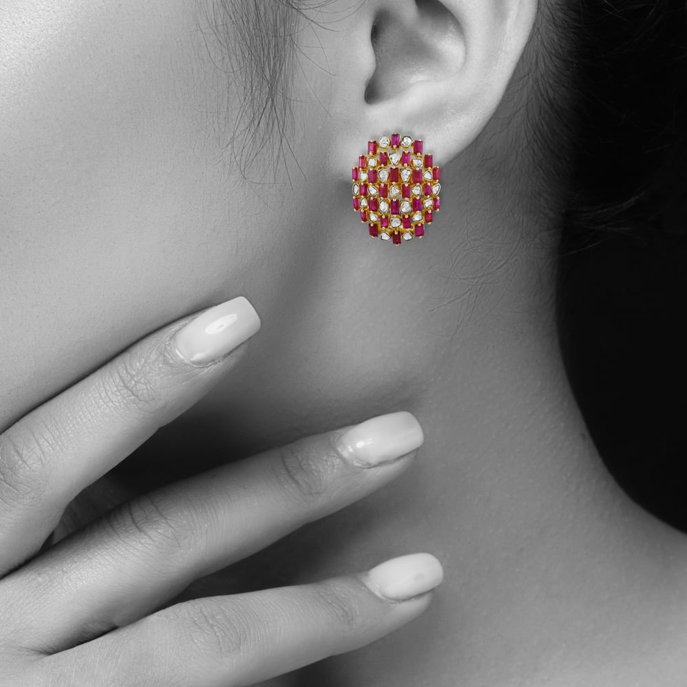 Geometric Red Cut Stone Earrings with Polkis