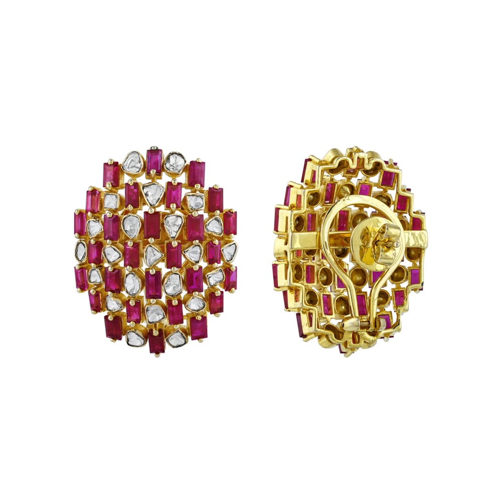 Geometric Red Cut Stone Earrings with Polkis